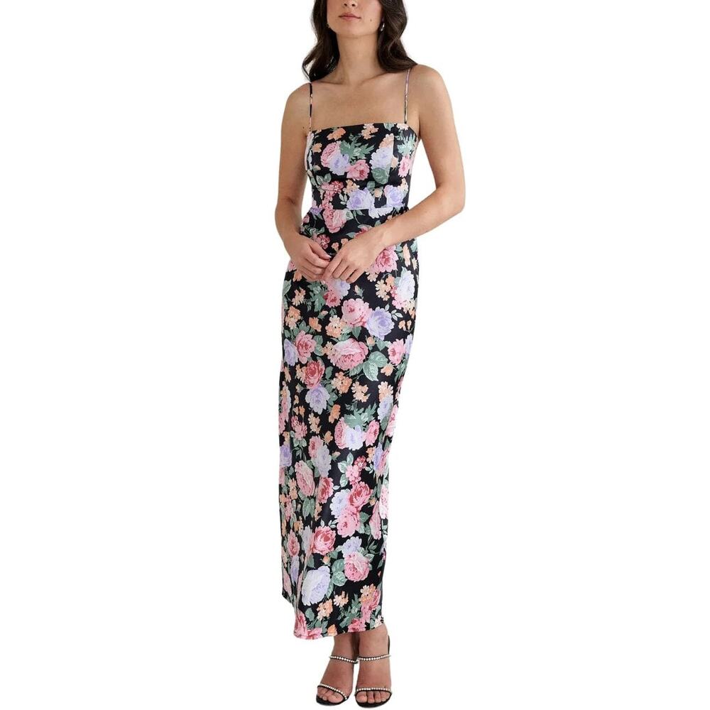 Park & Fifth Maxine Dress Eden Black Floral Satin Romantic Midi Wedding Guest